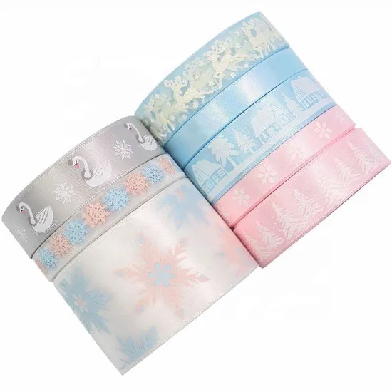 Luxury Christmas Light Colors Snow Swan Deer Tree Winter Printed Woven Satin Ribbons Set