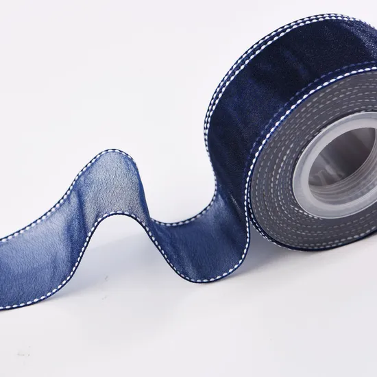 Saddle Stitched Edge Sheer Organza Ribbon - Navy Blue