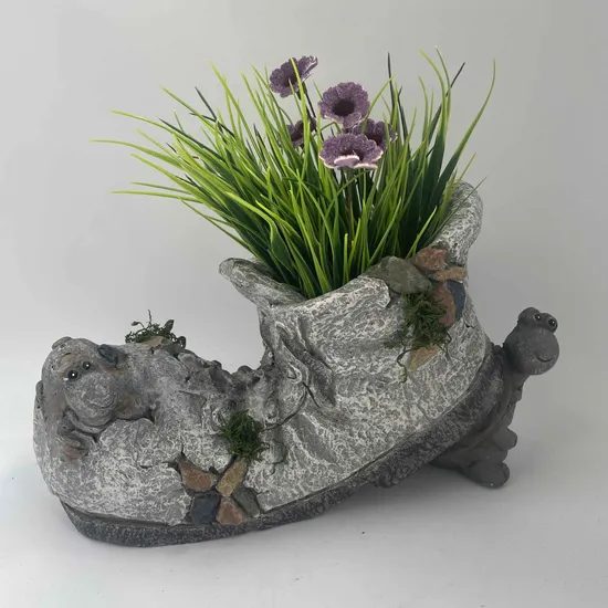 Customized Resin Crafts and Arts Polyresin Shoes Flowerpot with Bird Ornament