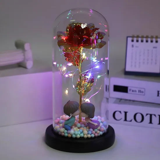 Factory Handmade Production of Customized Valentine′s Day Gifts, Hot Selling Red LED Lights Preserved Rose for Art, Room Decoration