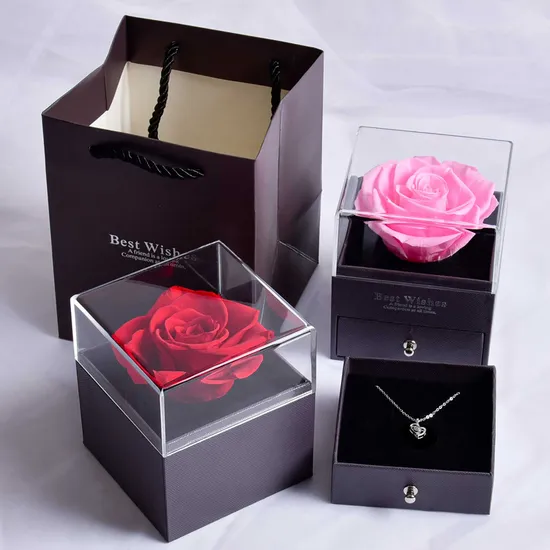 Factory Customized Red Preserved Rose Acrylic Artwork Necklace Ring Rose Drawer Gift Box