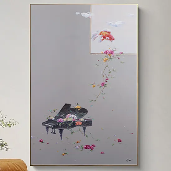 Hand-Painted Oil Painting of Goldfish on Dreamy Piano