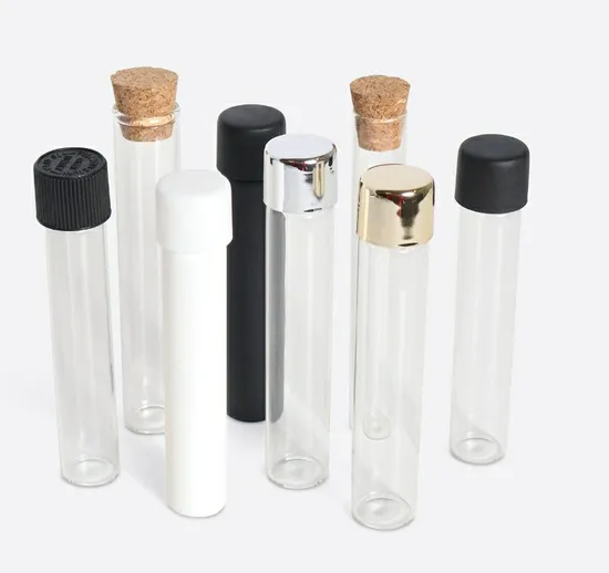 Custom Childproof Different Sizes Child Resistant Glass Tube for Pre Roll Preroll Cigarette Tobacco with Child Proof Cap Lid Customized Printed Label