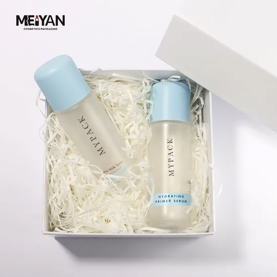 Mypack Luxury Thick Wall Pet Plastic 100ml 3.4 Oz Clear Frosted Facial Toner and Serum Bottle with Light Blue Screw Cap