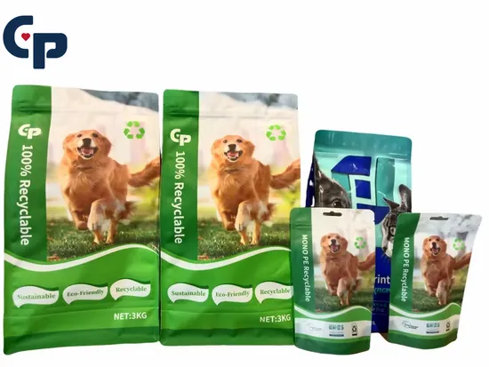 1kg/3kg/5kg Quad Seal Flat Bottom Animal Dog Cat Food Packaging Recycable Mono-PE Ecofriendly Degradable Disposable Bags