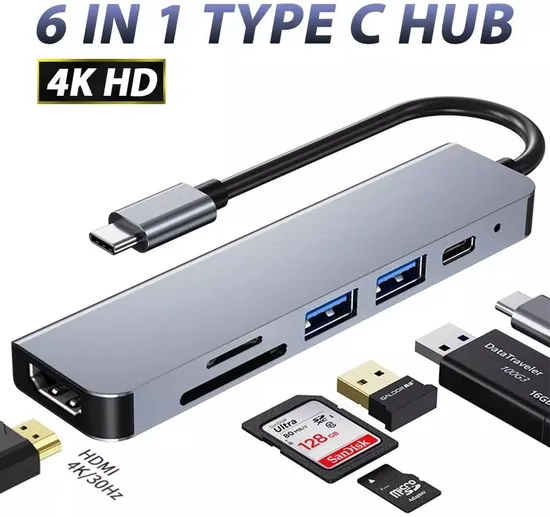 6 In1 Multiport USB C Hub to HDMI-Compatible Adapter Type C to USB 3.0 SD TF Card Reader Adapter