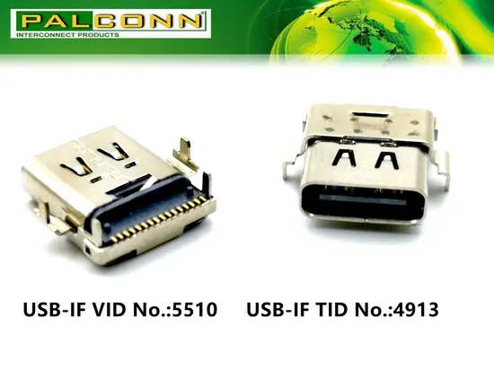 USB C-Type Female Connector, 16pin, Tid No.: 4913, Current Rating: 5A Max.