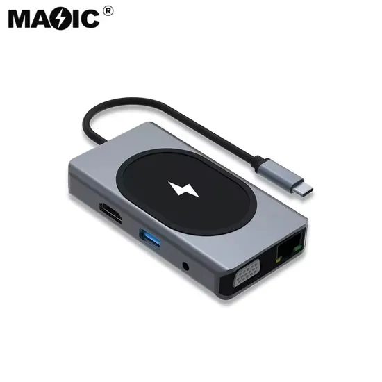 New Products 9 in 1 Type C Docking Station Adapter Hub Type C to HDMI VGA USB RJ45 SD/TF Pd 100W with 15W Wireless Charging