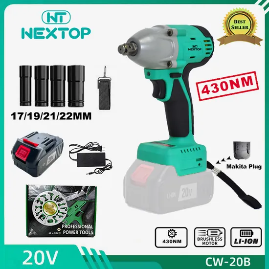 Nextop 430nm High Torque Cordless Brushless Impact Wrench with Two 4.0ah Battery, Four Sockets and BMC Box