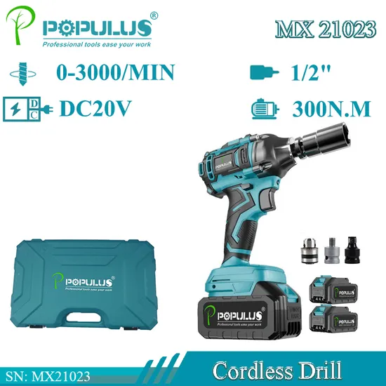 Populus Industrial Quality 20V Rechargeable Lithium Wrench 1/2" 3000bpm Impact Rate Electric Brushless Impact Wrench Cordless Wrench for Egyptian Market