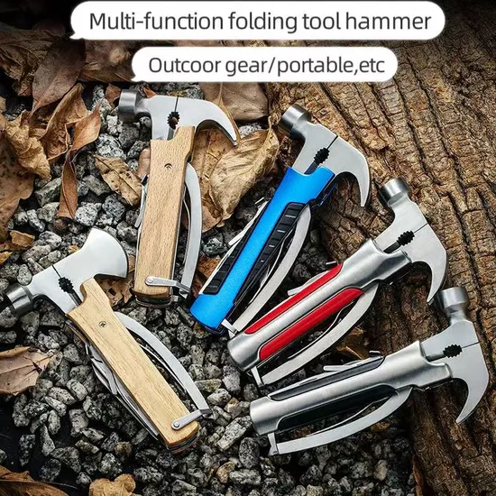 Emergency Multi-Tool Camping Survival Kit Folding Wooden Handle Hammer