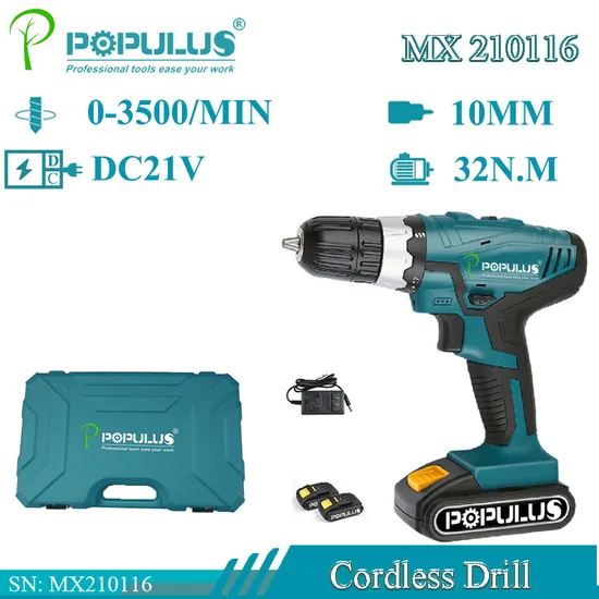 Populus New Arrival Industrial Quality 21V Cordless Rechargeable Lithium Ion 2-Speed Electric Power Drill for Iran Market