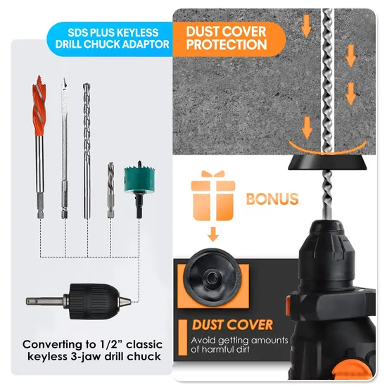1 Inch SDS Plus Heavy Duty Rotary Hammer Drill, 7.5 AMP Demolition Hammer, One Knob 4 Functions with Speed Adjustment