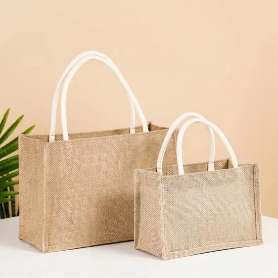 Eco-Friendly Reusable Coated Linen Burlap Gift Shopping Beach Jute Tote Bag with Logo Cotton Handle Custom Jute Bag