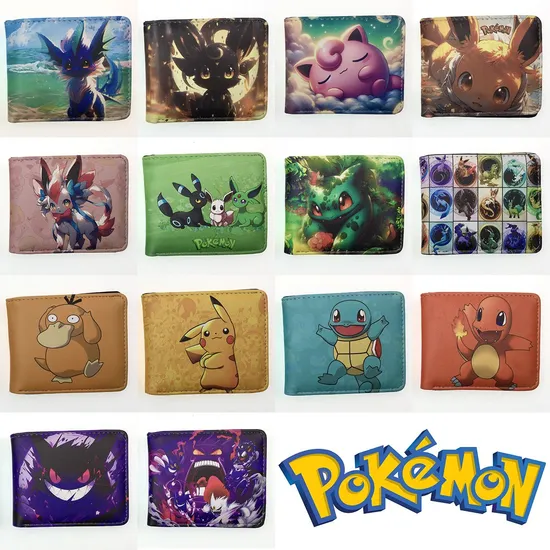 Anime Pokemon Short Wallet Men PU Leather Bi-Fold Coin Purse Cartoon Cosplay Wallets with Zipper Coin Pocket