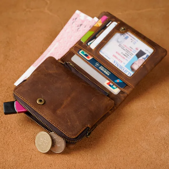 Brown Men Crazy Horse Genuine Leather Bifold Wallet Leather Coin Wallet Coin Purse