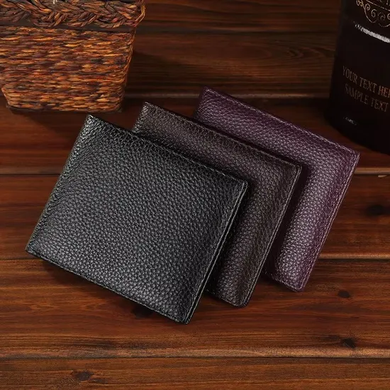 Genuine Leather Men′s Wallet Classic Short Business Simple Head Layer Cowhide Lychee Pattern Leather Wallet