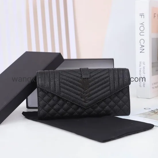 Luxury Grain De Poudre Embossed Leather Flap Wallet Purses Black for Women