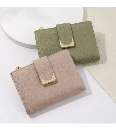 New Arrival: Ladies′ PU Leather Short Wallet with Lychee Pattern and Zipper, Stylish Coin Purse