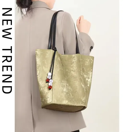 Cowhide Large Capacity Bucket Bag Casual Fashion Genuine Leather Women Bag