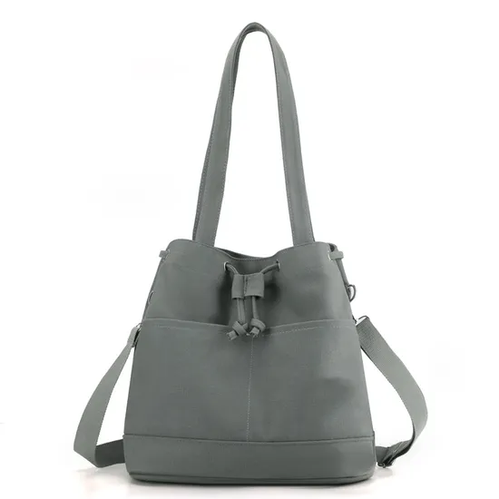 Casual Canvas Bucket Bag for Women Drawsting Handbags Luxury Wide Strap Shoulder Crossbody Bags