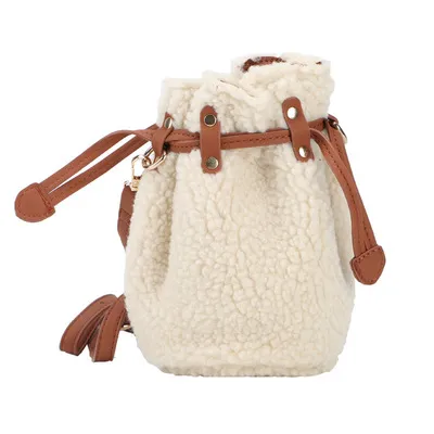 Trendy Lambs Wool Mini Women Messenger Bags for Winter Warm Plush Sling Bag Leather Strap Bucket Bag