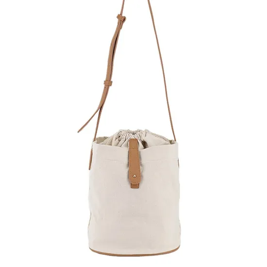Korean Style PU Splicing Cotton Canvas Drawstring Bucket Bag Fashion High-Capacity Crossbody Women Canvas Bag