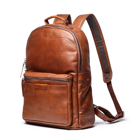 Newest Design Brown Leather School Bag Genuine Leather Men Backpack for School