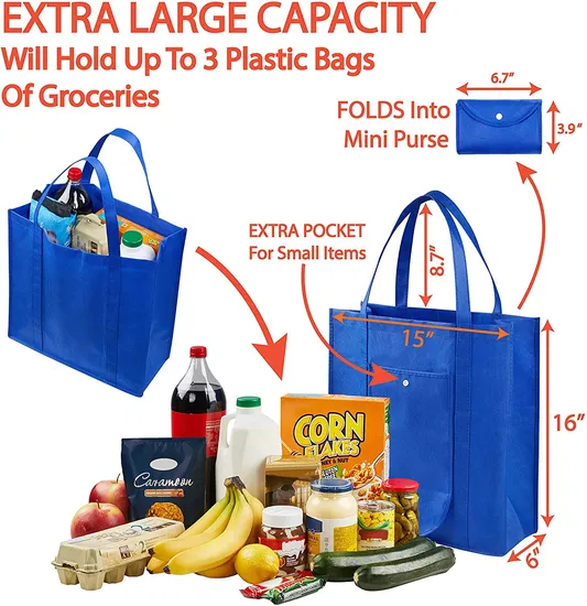 Grocery Bags Reusable Foldable for Shopping, Foldable Into Pouch, Extra Large & Durable Heavy Duty Shopping Totes, Washable Long Handles