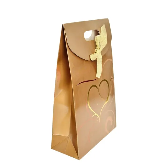Charming Golden Gift Paper Bag with Delicate Heart - Shaped Patterns and Ribbon Decoration