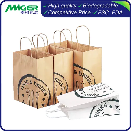 Custom Logo Print Recycled Brown White Kraft Shopping Food Packaging Paper Bag Handles with Your Own Logo