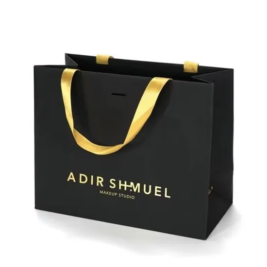 Custom Logo Printed Black Glossy Shopping Paper Bag Wholesale Luxury Retail Gift Craft Jewelry Cosmetic Packaging Paper Bags
