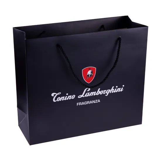 Hot Sale Custom Printed Luxury Black Packaging Cardboard Perfume Packaging Shoes Clothing Shopping Gift-Paper-Bag with Cotton Rope