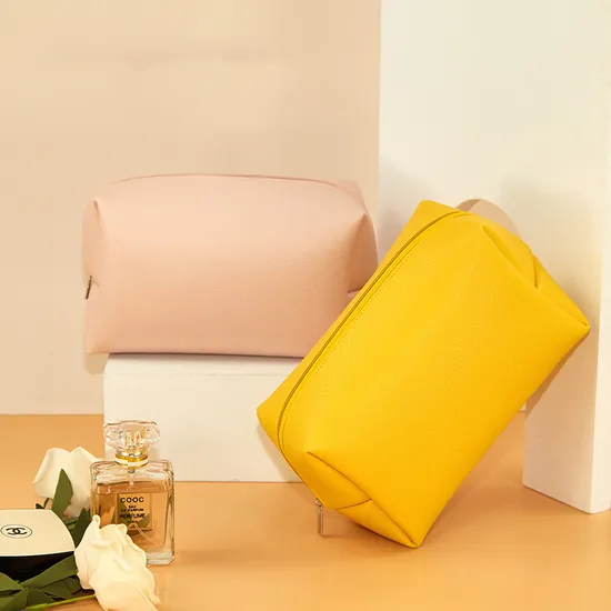 Simple Solid Colour Zip Washed Square Waterproof PU Cosmetic Bag
