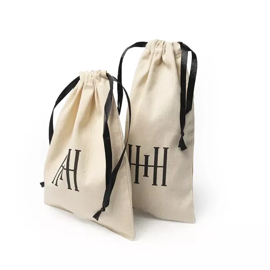 Eco Cotton Drawstring Bag Custom Ribbon Cotton Jewelry Pouch Black Organic Linen Pouch Cotton Drawstring Bag with Logo