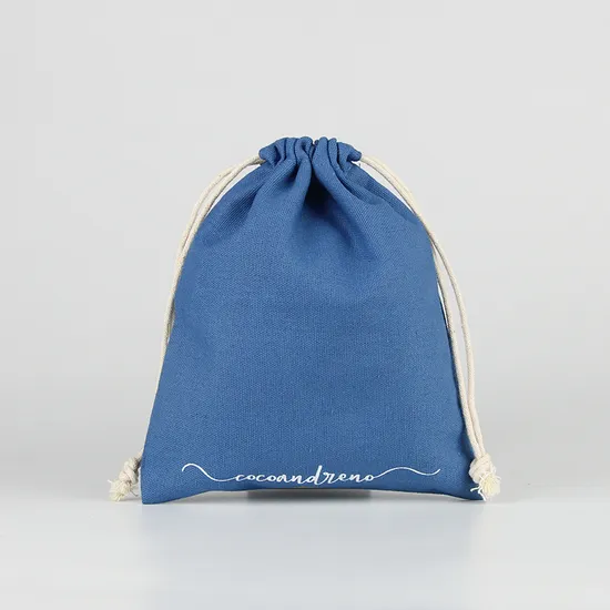 New Arrival Custom White Logo Print Navy Blue Cotton Drawstring Bag