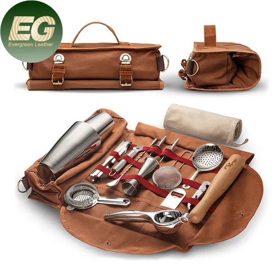Ea264 Rolling Roll up Custom Waxed Canvas Tool Bags Handle Bar Cocktail Bartending Equipment Set Professional with Travel Bartender Kit Bag