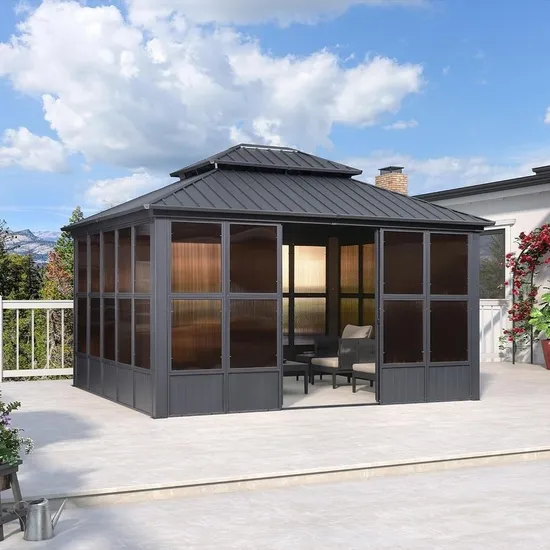 Taipeng Outdoor Sunroom Screen House with LED Lights Patio Hardtop Gazebo China Manufacturing Metal Gazebo Popular Style Hardtop Hardtop Metal Gazebo