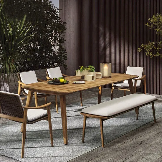 Outdoor Durable Wooden Dining Set Garden PE Woven Rattan Backrest Chair