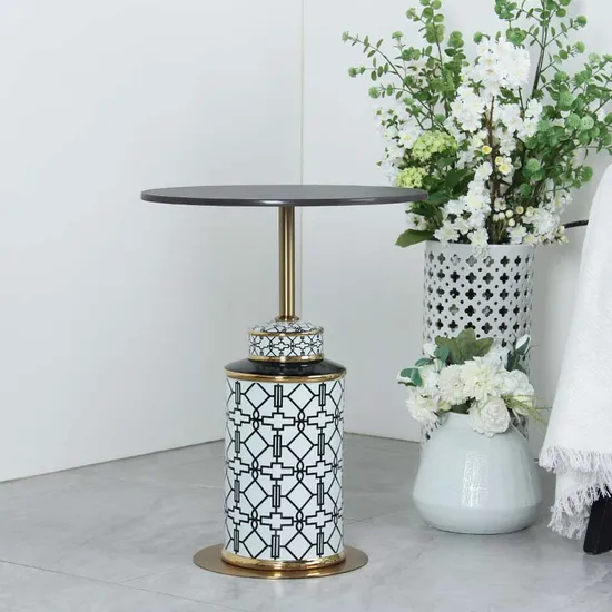 Fancy End Table Living Room Decorative Round Ceramic Top Ginger Jar Pedestal Side Table Corner Sofa Table with Wooden Stand