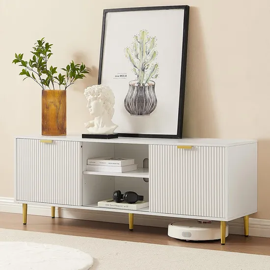 Modern Living Room Entertainment Center, Waveform Media Console, Wooden TV Stand with Cabinet