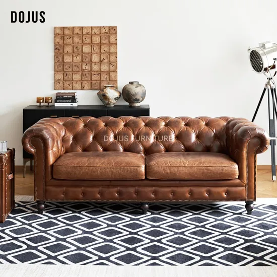 Deluxe Living Room Home Furniture Vintage Handmade Classic Chesterfield Genuine Leather Sofa