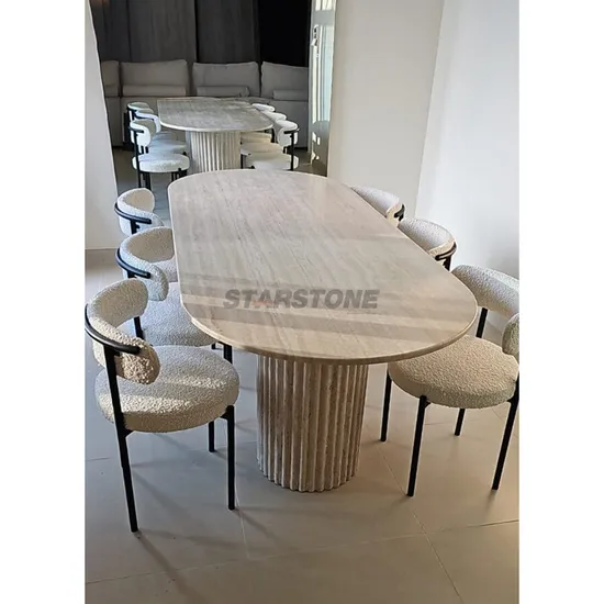 Starstone Luxury Natural Travertine Oval Desktop Dining Table with Column Fluted Leg