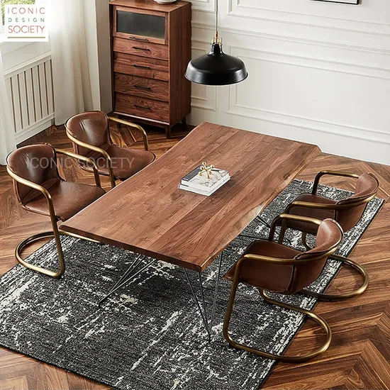 Modern Restaurant Dining Room Furniture Hotel Metal Iron Retro Loft Industrial Genuine Leather Dining Chair Table Dining Furniture