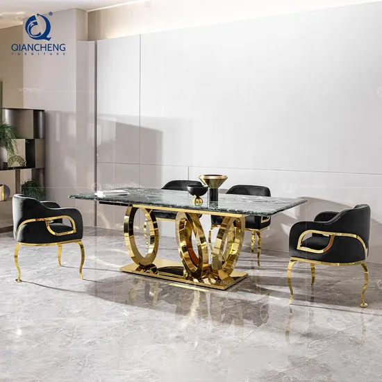 Luxurious Golden Stainless Steel Dining Table Set Restaurant Table with Marble