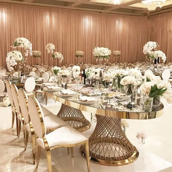 Hotel Wedding White Stainless Steel Gold Oval Back Dining Chair and Table for Banquet Events