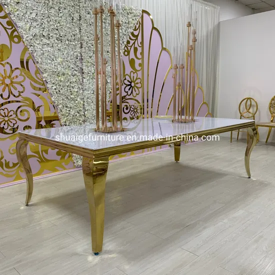 Modern Event Furniture White Glass Gold Stainless Steel Gold Wedding Tables