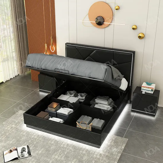 Nova Black High Gloss King Size Double Storage Bed with LED Light Modern Hotel Bedroom Furniture Sets