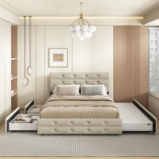 Willsoon Queen Size Upholstered Platform Bed Frame with Tufted Headboard and 2 Storage Drawers Comfortable Queen Bed Design