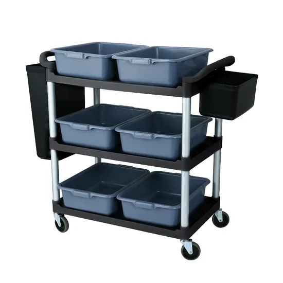 Large Size Three-Tier Shelf Round Tube Black Buffet Serving Dining Cart